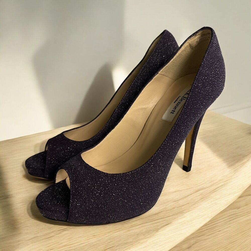 L.K.Bennett Plum Purple Glitter High Heel Open Toe‎ Dressy Shoes Women’s Sz 37.5